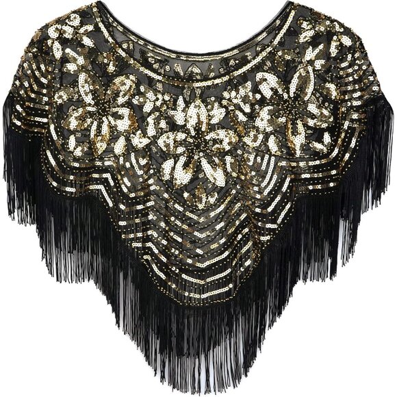 Accessories - Women's Black Gold 1920s Shawl Sequin Beaded Art Evening Cape Tassel Shawls